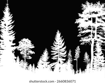 Ilustración con bosque blanco aislado sobre fondo negro