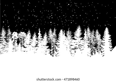 illustration with white forest isolated on black background