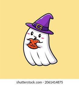 illustration of a white ghost hugging a pumpkin and wearing a witch hat