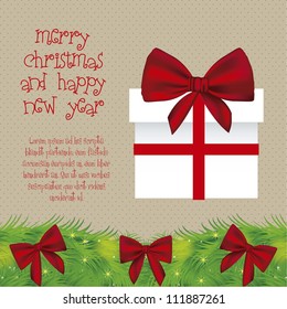 illustration of white gift box with red ribbon, in beige background with mistletoe, vector illustration