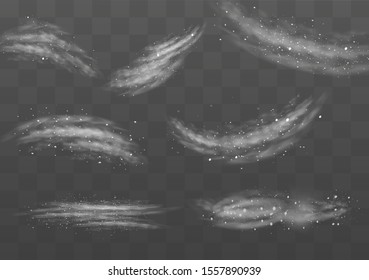 Illustration of a white gradient of snow and wind with snowflakes. Snow and wind on a transparent background.  Decorative element.vector. fog. Fog vector.