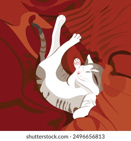 Illustration of White and gray cat  sleeping position. Cute kitten resting on blanket in the bed.Cat cartoon.Tiger cat body. 