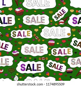 Illustration in white, green and black colors. Seamless. Vector. Stock clearance banner, Sale Label. Lettering.