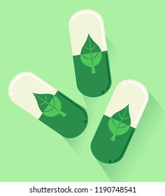 Ilustración de tabletas blancas y verdes con una hoja impresa. Medicina de origen vegetal