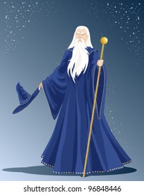 an illustration of a white haired wizard in a long blue cloak with hat and a golden staff under a starry sky