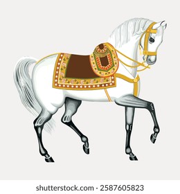 Illustration of a white horse with ornate saddle and bridle, showing elegance and grace. The horse stands poised, showcasing its beauty and intricate details. Vintage Japanese illustration vector.