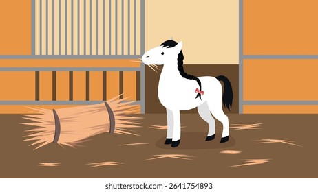 Illustration of a white horse standing in a stable with a broom