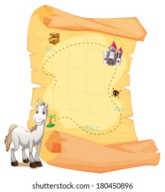 Illustration of a white horse and a treasure map on a white background