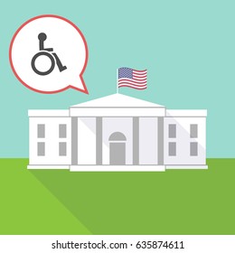 Illustration of the White House with a comic balloon and  a human figure in a wheelchair icon