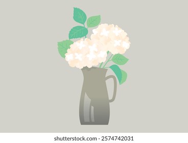 An illustration of white hydrangea flowers in a black ceramic vase