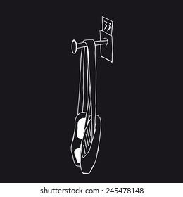 Illustration of white isolated pointe shoes hanging on tapes on the nail and plate. Hand drawn vector chalkboard
