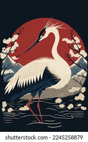 Illustration von weißem japanischem Kran-Vogel in Vektorflachfarbe für Plakate für Tapetendekor