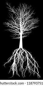 illustration with white large tree silhouette isolated on black background