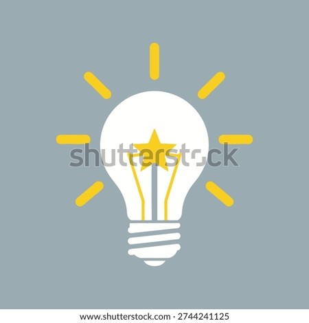 Illustration of a white lightbulb with a star inside and yellow rays emanating from it on gray