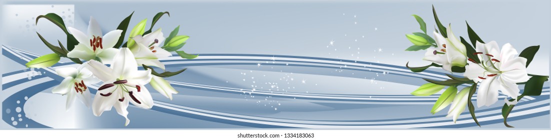 illustration with white lily flowers on blue background