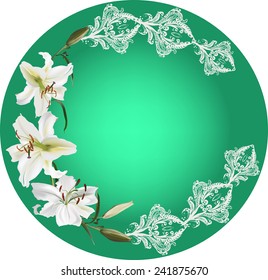 illustration with white lily flowers on green background