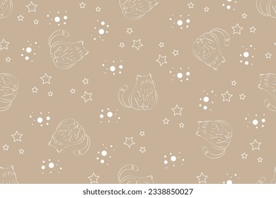 illustration white line of cat with dot and star on brown background.