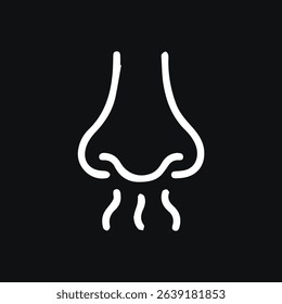 Illustration of a white line drawing on a black background representing the sense of smell human nose aroma and breathing