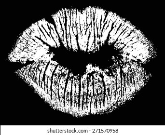 illustration with white lips imprint from dots isolated on black background