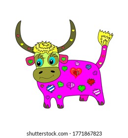 Illustration in white, magenta, yellow colours. Chinese Zodiac Sign Year of Ox. Happy Chinese. Year of cow xin chou year. Use for textiles, wallpaper, desing, trendy prints on clothes vector.
