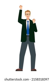 Illustration of a white male businessman, fist pump, eight heads tall