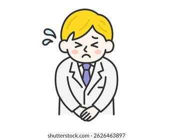 Illustration of a white male doctor (line drawing color) bowing his head and apologizing.