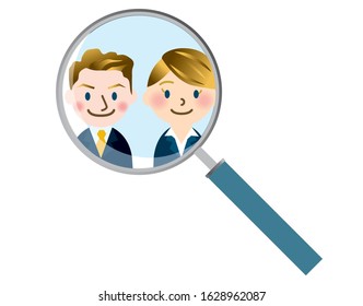Illustration of white male and female faces and magnifying glass, icons for beauty, research and statistics use.