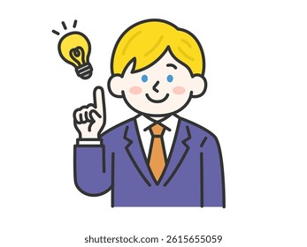 Illustration of a white man (color line drawing) in a suit, coming up with an idea.