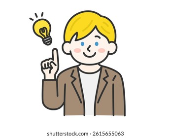 Illustration of a white man (line drawing color) wearing a jacket and coming up with an idea.