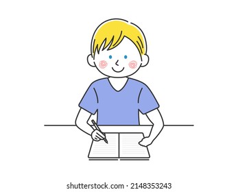 Ilustración de un hombre blanco estudiando en un cuaderno.