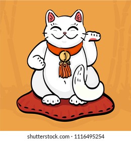 Illustration of white maneki neko talisman cat beckoning wealth with an upright paw raised. The cat sitting on the pillow in bamboo forest. Can be used as wallpaper or for print design.