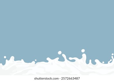 Illustration of white milk splashes against a blue background. Milk splashes create a dynamic effect. Blue and white contrast enhances the milk splash design. Milk on blue background, vector.