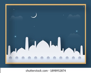 Illustration Of White Mosque With Crescent Moon And Starlight On Blue Background.