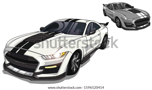 Illustration of  white mustang\
 sport car with two black strips on car hood . All illustrations\
are easy to use and highly customizable, logical layered to fit\
your needs.