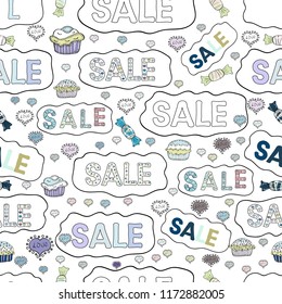 Illustration in white, neutral and black colors. Seamless pattern. Sale promotion sign, Online shopping discount, Entrepreneur and e-business commerce, Dressmaker and fashion business.