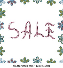 Illustration in white, neutral and blue colors. Seamless pattern. Vector lettering. Sale banner.