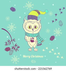 illustration with white owl and cones