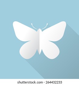Illustration of white paper butterfly with long shadow on blue background.