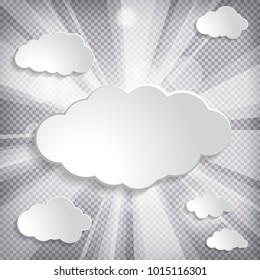 illustration of white paper clouds collection with sun rays on chequered background