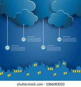 Illustration of white paper clouds design on blue sky background.