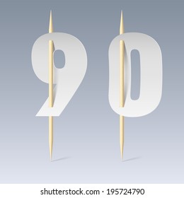 Illustration of white paper cut font on toothpicks on grey background. 9 and 0 numerals