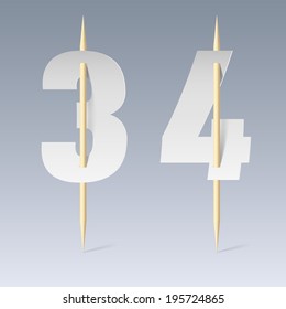Illustration of white paper cut font on toothpicks on grey background. 3 and 4 numerals