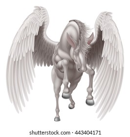 An illustration of a white pegasus mythological winged horse rearing on its hind legs or running, jumping or flying seen from the front