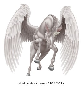 An illustration of a white pegasus unicorn mythological winged horse with horn rearing on its hind legs or running, jumping or flying seen from the front