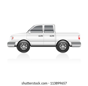 Illustration of a white pickup truck with reflection. Eps 10 Vector.