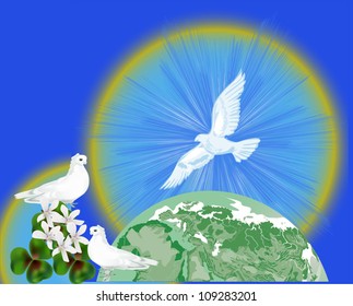 illustration with white pigeons in blue sky