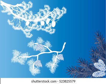 illustration with white pine branches isolated on blue background