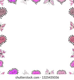 Illustration in white, pink and neutral colors. Seamless pattern. Vector illustration. Quadrate frames doodles.