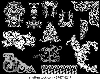 illustration with white plant ornaments on black