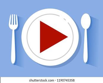 Illustration of a White Plate, Spoon and Fork with a Red Play Button. Mukbang Broadcast Concept